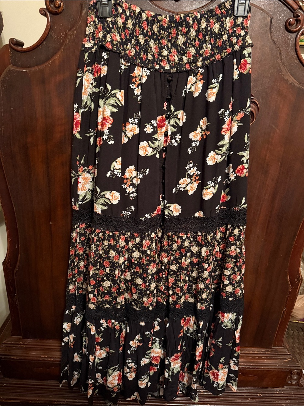 Solitaire Black Floral Tiered Maxi Skirt with Red and Cream Roses